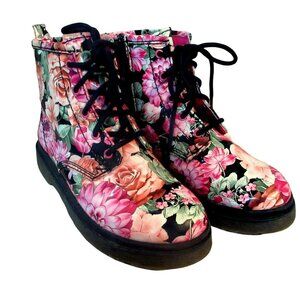 Steve Madden Floral Patent Combat Boots Sz 4 Front Tie Side Zip Cottagecore